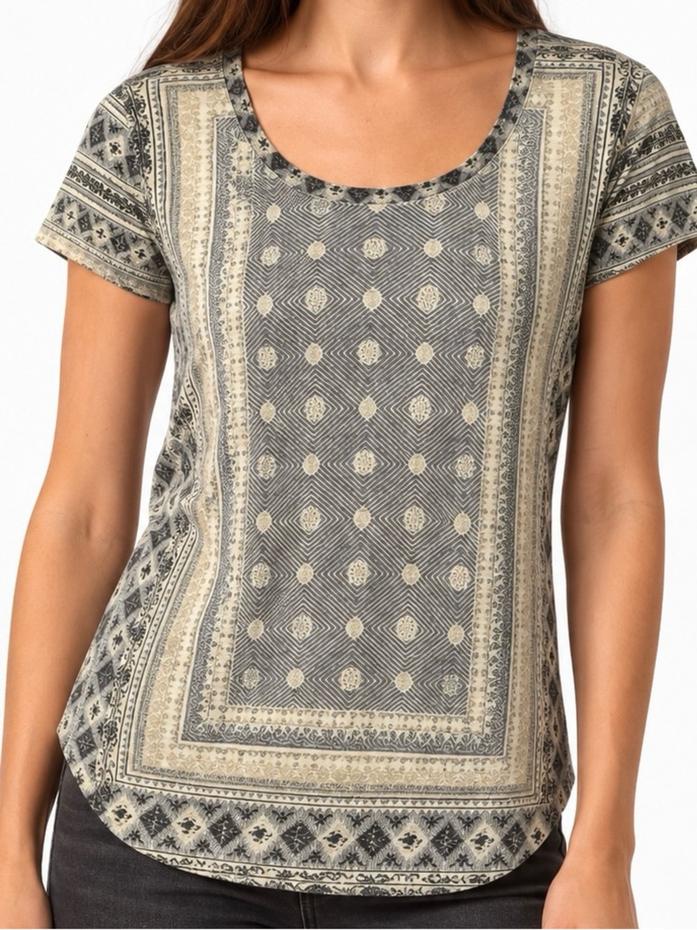 Lucky Brand Persian Carpet Print Scoop Neck Tee Boho Size L NWT
